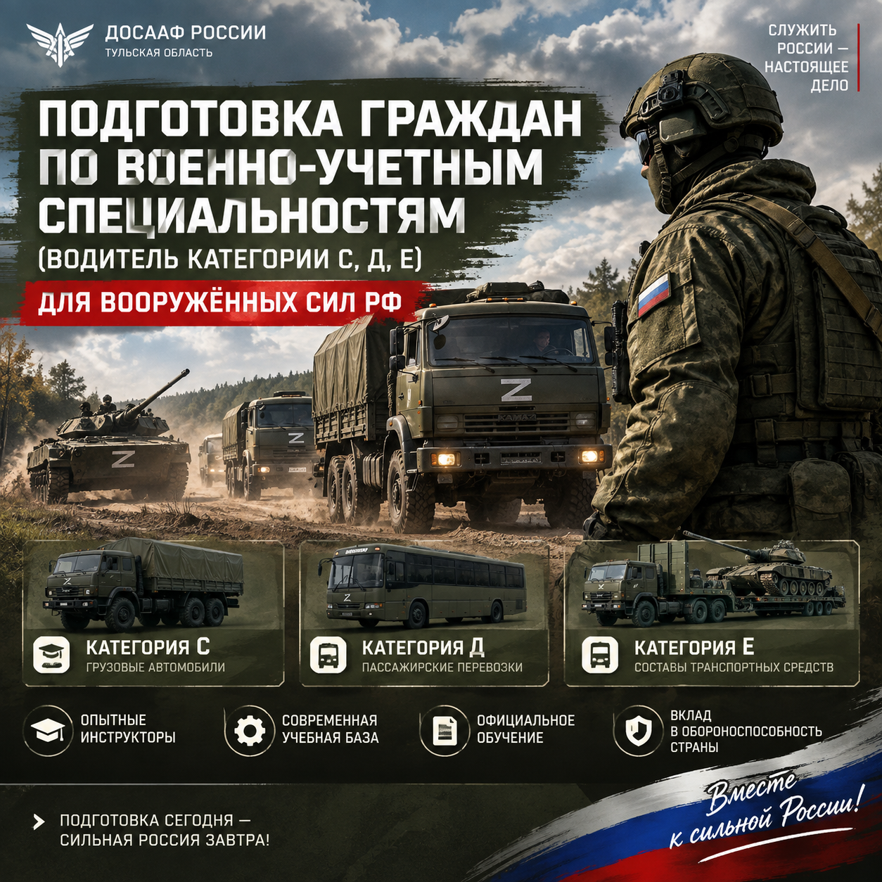 Подготовка граждан по военно-учётным специальностям: водители категорий С, Д, Е